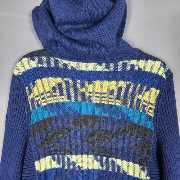 DKNY Jeans Sweater Womens L Blue Wool Blend Hooded Henley Geometric Knit Y2K VTG - Picture 8 of 9